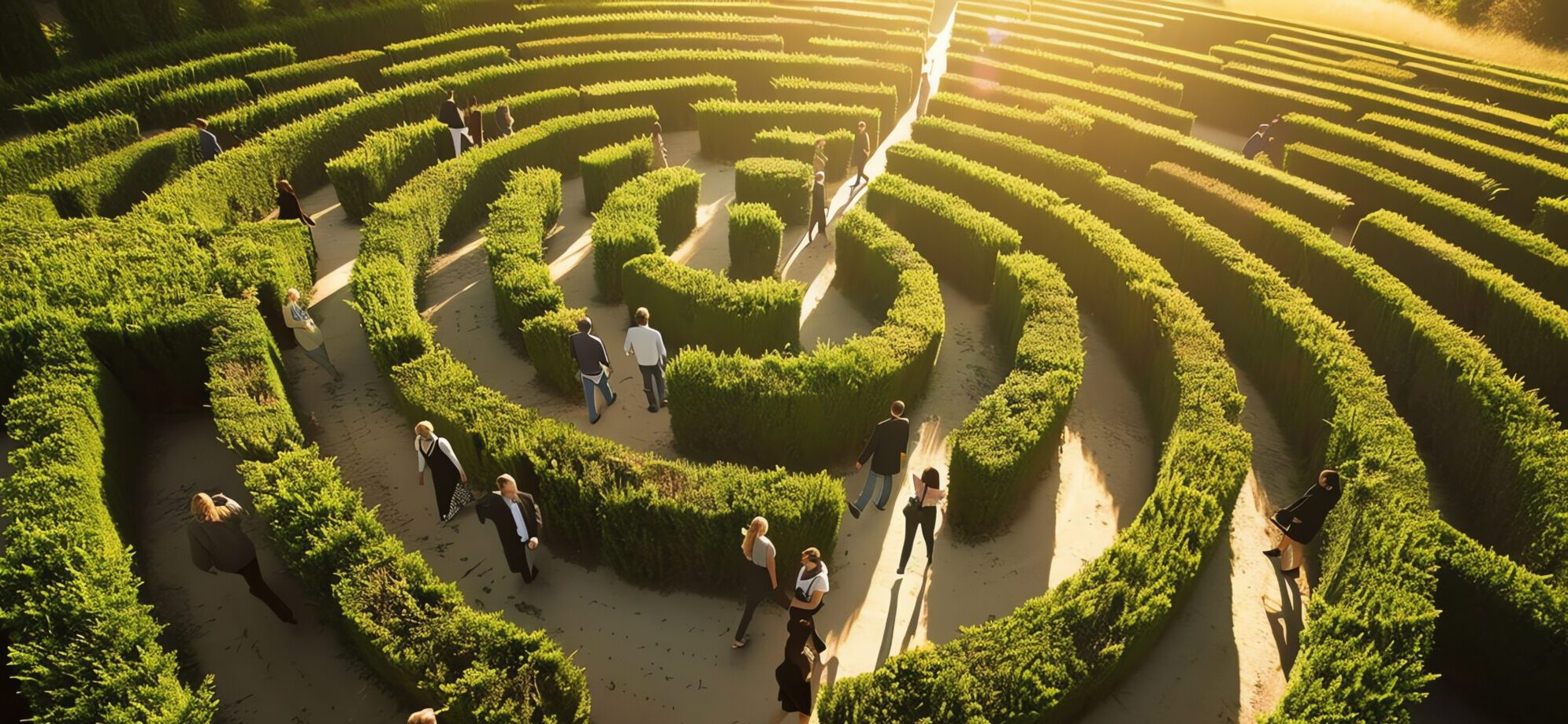 An aerial view of a group of people walking through a hedge maze.