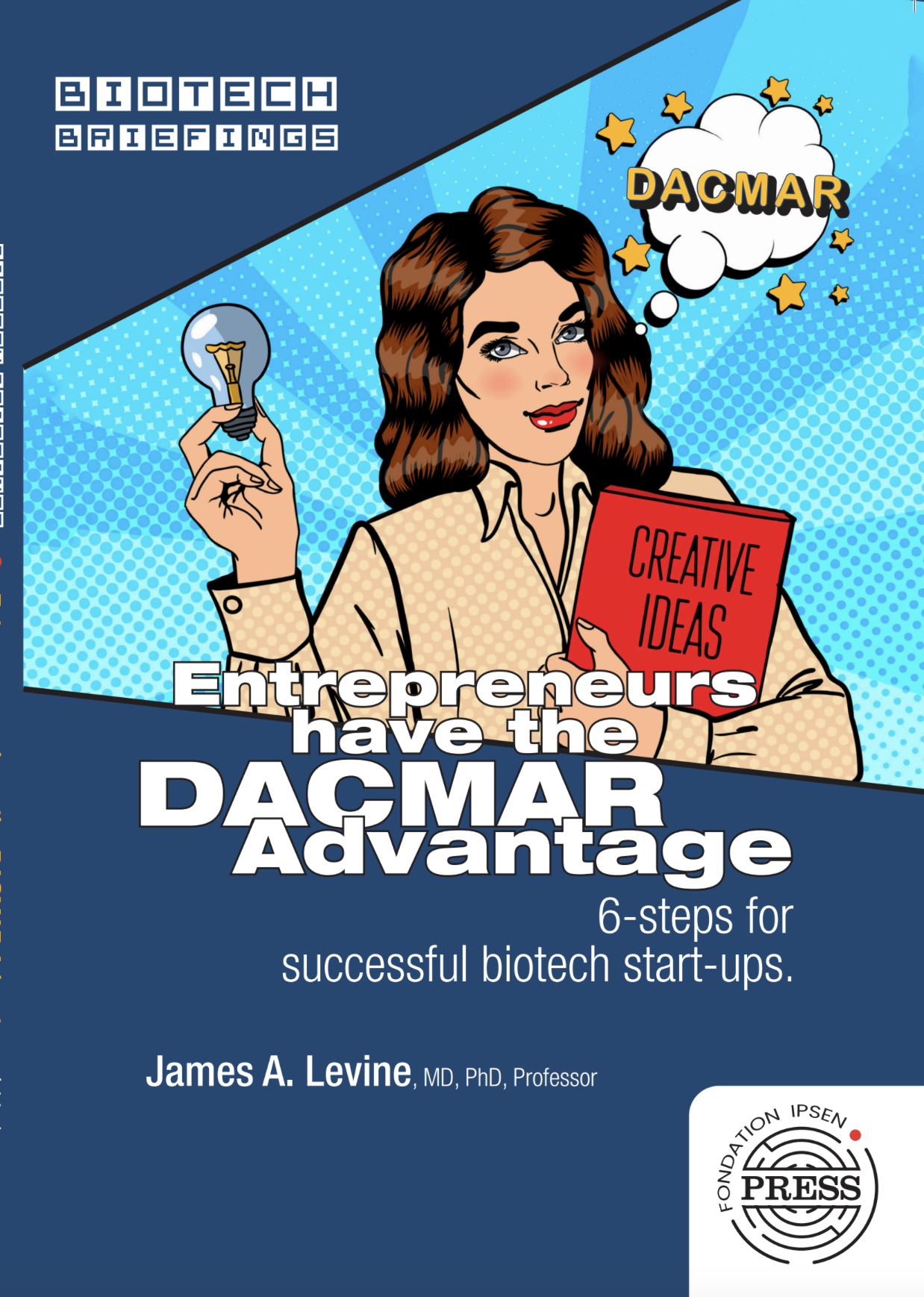 Book cover with a woman holding a lightbulb 